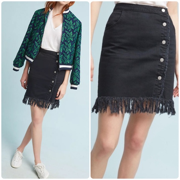 Anthropologie Dresses & Skirts - Anthro Pilcro Black Wash Fringe Trim Asymmetric Button Front Jean Skirt